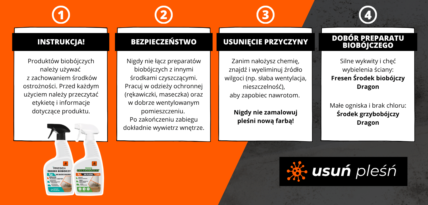 Usuwanie pleśni krok po kroku INSTRUKCJA! Produktów biobójczych należy używać z zachowaniem środków ostrożności. Przed każdym użyciem należy przeczytać etykietę i informacje dotyczące produktu. BEZPIECZEŃSTWO Nigdy nie łącz preparatów biobójczych z innymi środkami czyszczącymi. Pracuj