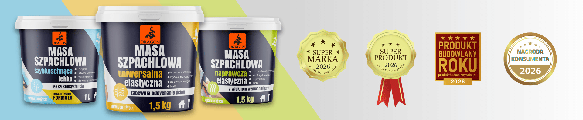 Masy szpachlowe Dragon - nagrodzone produkty roku 2026 (szybkoschnąca, uniwersalna, naprawcza) Masy szpachlowe Dragon: szybkoschnąca, uniwersalna i naprawcza z włóknem. Obok cztery złote godła nagród konsumenckich i branżowych z 2026 roku.
