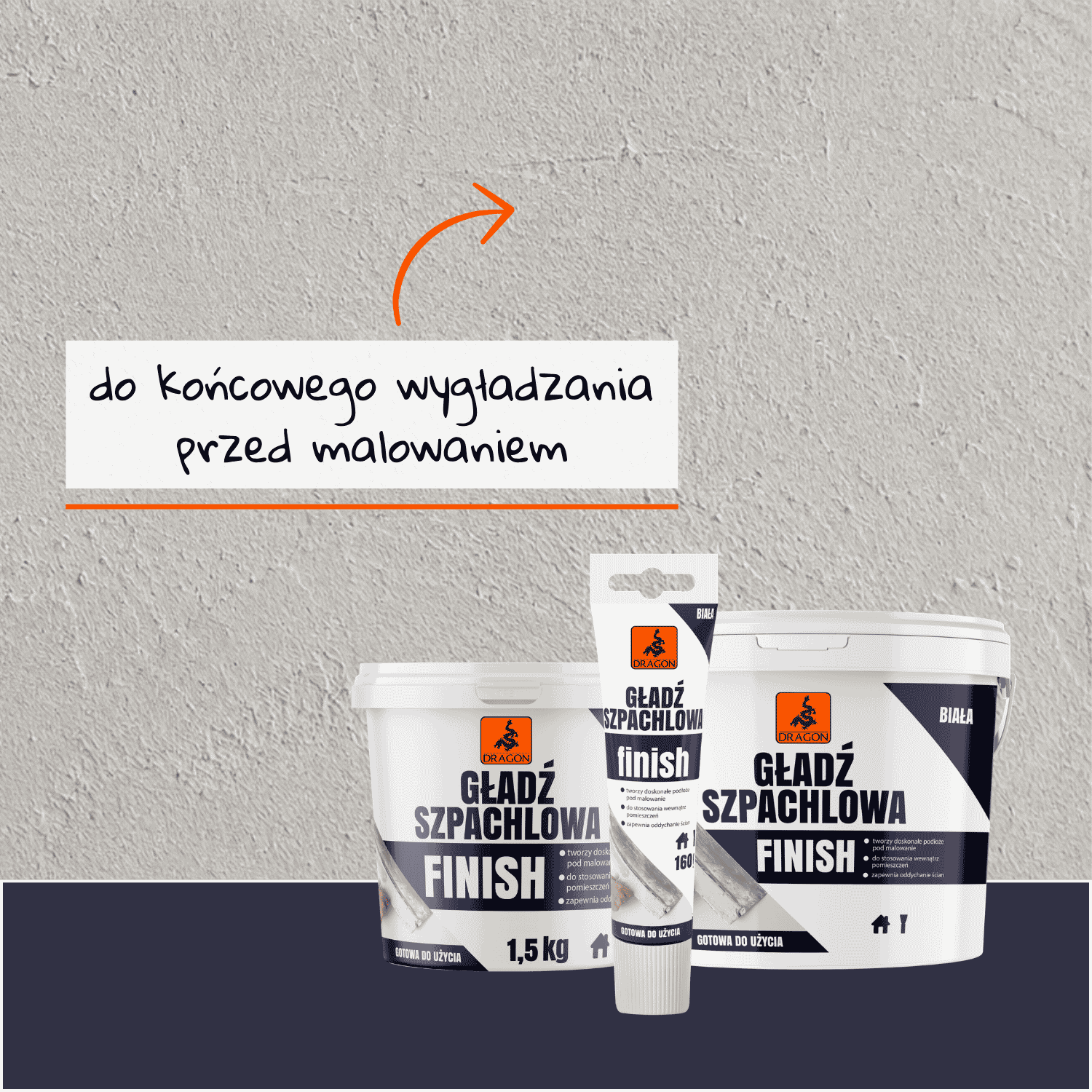 Gładź Szpachlowa Finish biała Dragon – finalny krok przed malowaniem Gładź Szpachlowa Finish biała Dragon. Grafika pokazuje zastosowanie produktu do końcowego wygładzania ścian przed malowaniem.