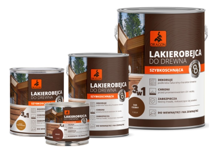 Zestaw produktów Dragon – lakierobejce w różnych wariantach kolorystycznych